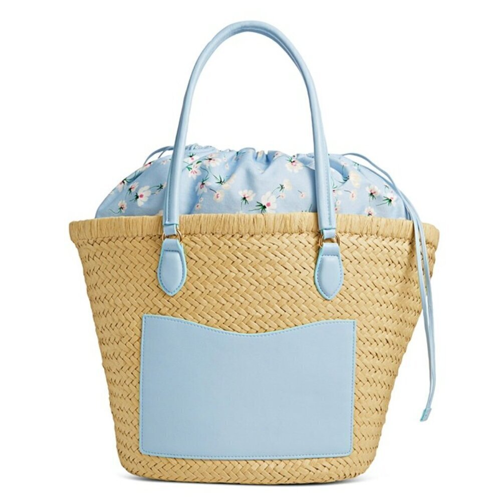 On 34th Isabellaa Women's Straw Medium Drawstring Tote Blue Floral (MSRP $130)